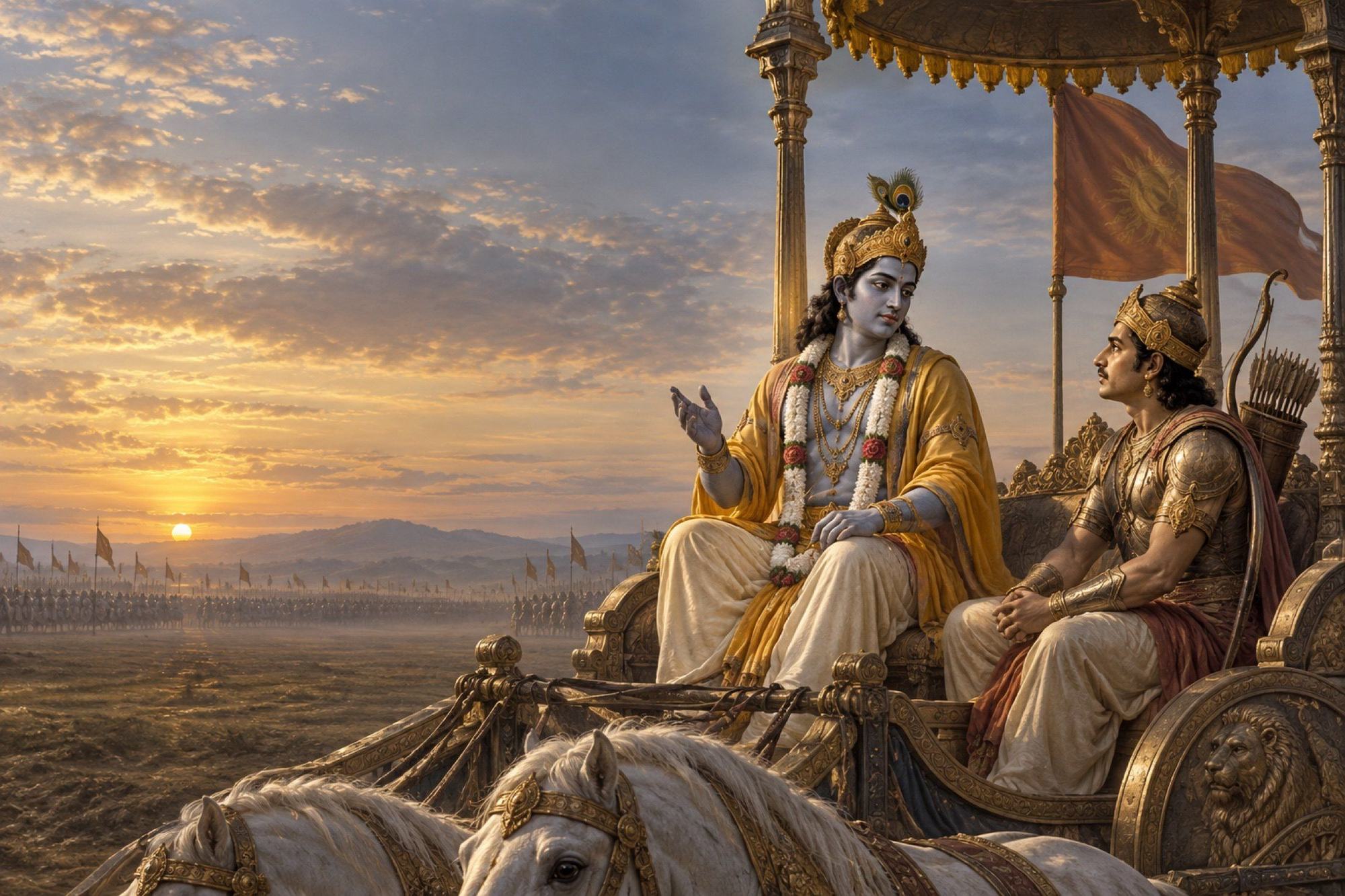 सूर्योदय के समय कुरुक्षेत्र में रथ पर विराजमान श्रीकृष्ण, हाथ उठाए अर्जुन से कहते हुए, और सुनते हुए बैठे अर्जुन